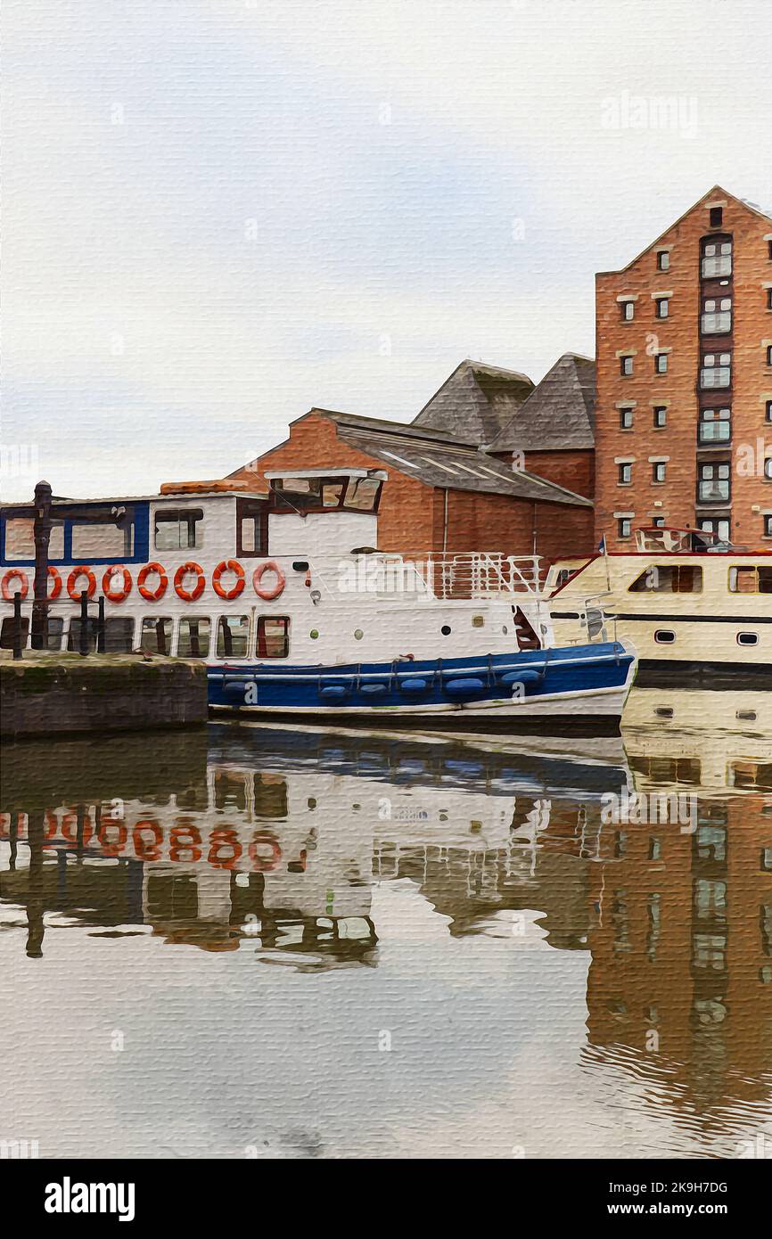 Watercolor painting on canvas. Gloucester Gloucestershire Great Britain, Europe. Travel illustration. Architecture of the city. Stock Photo