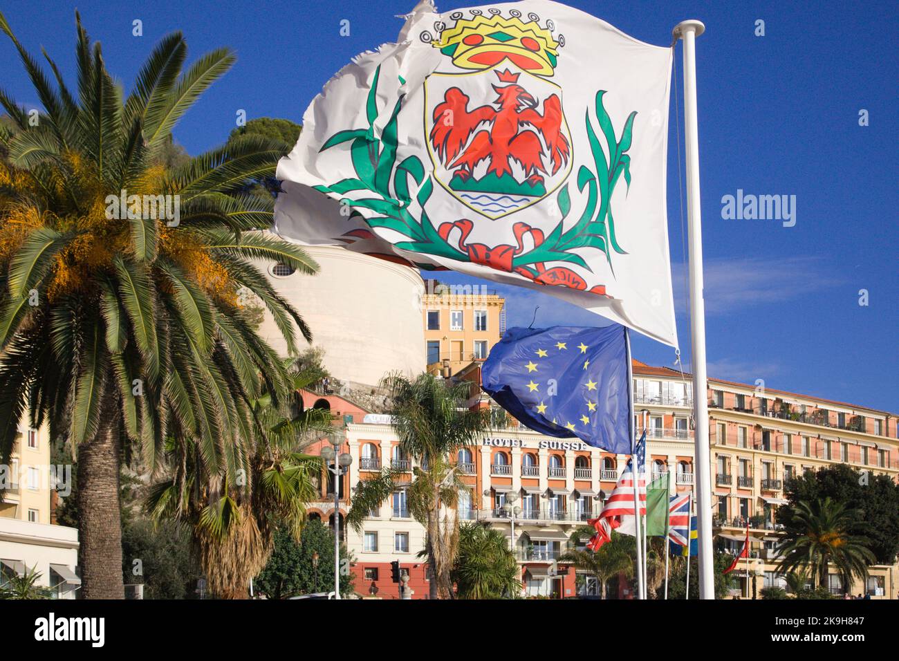 France, Cote d'Azur, Nice,  Promenade des Anglais, flags, Stock Photo