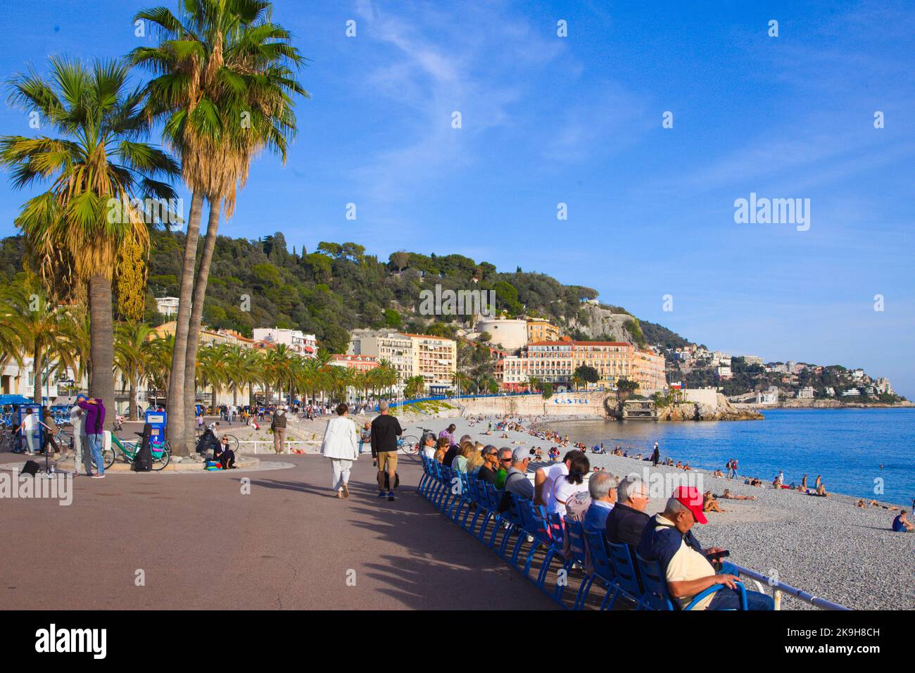 France, Cote d'Azur, Nice,  Promenade des Anglais, people, beach Stock Photo