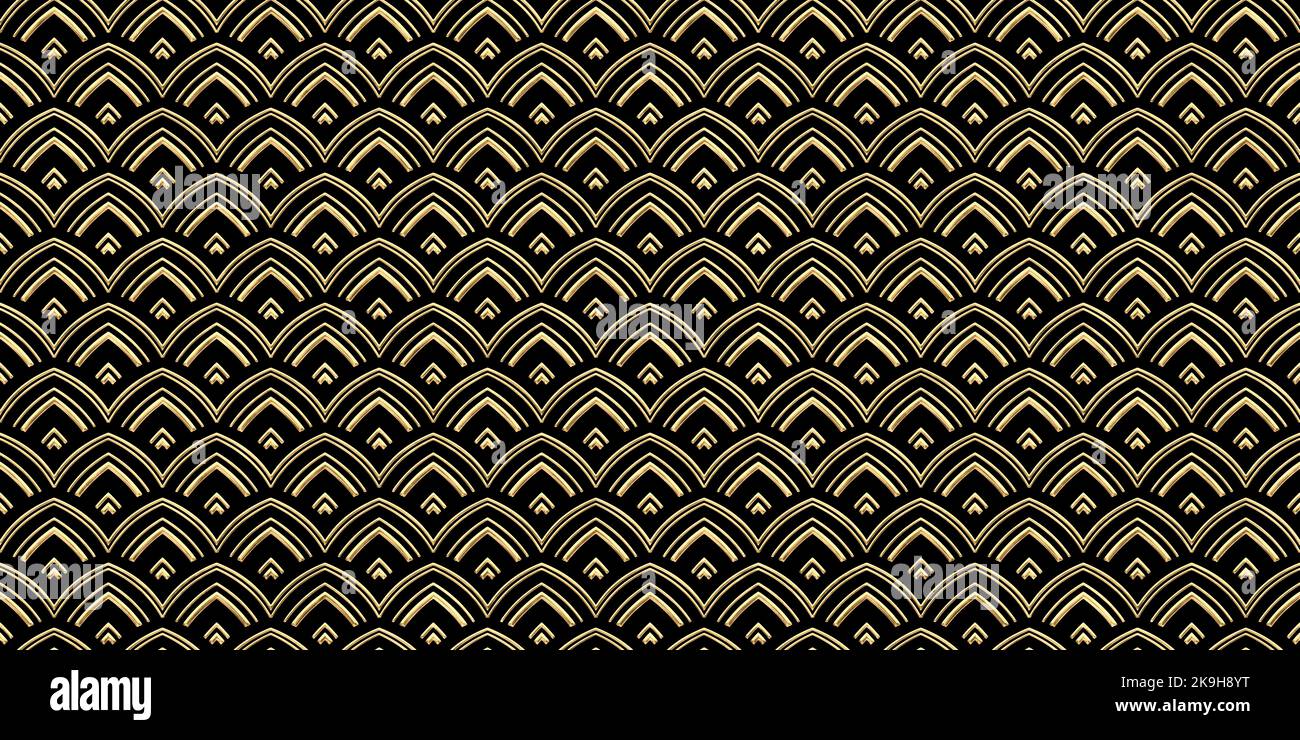 Seamless golden Japanese dragon scale pattern. Ornate oriental abstract gold plated relief on dark black background. Modern elegant metallic luxury ba Stock Photo