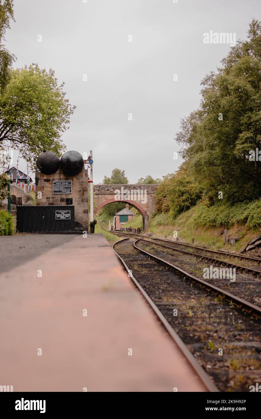 Durham UK: 7th June 2022: Tanfield Railway Station during the Queens Jubilee (No people) Stock Photo