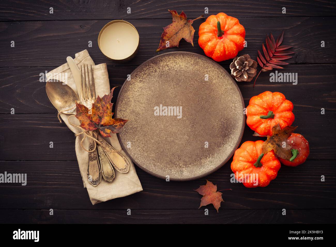 Fall Table Setting Background Fall table setting at dark background top view Stock Photo - Alamy