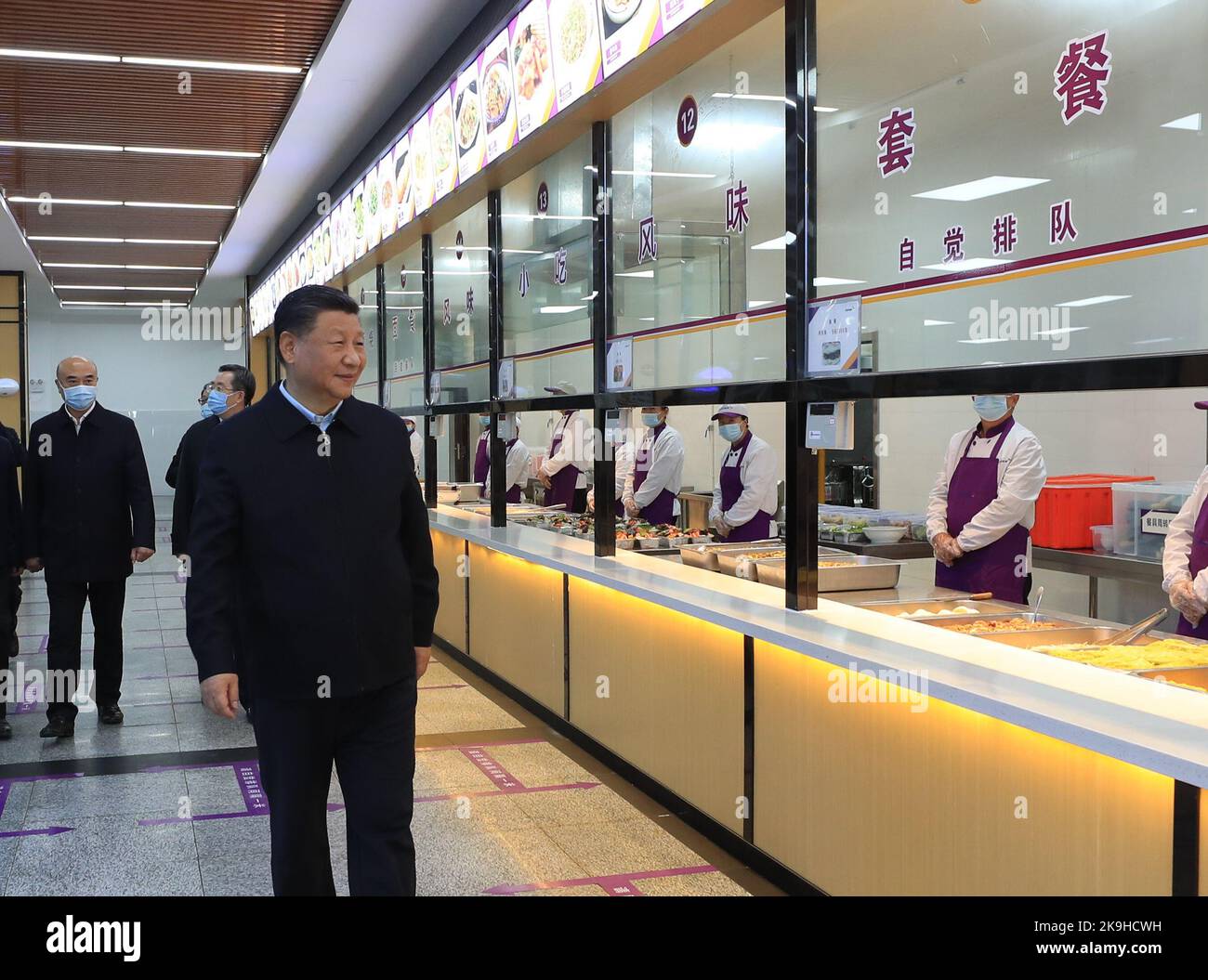 Yan'an, China's Shaanxi Province. 26th Oct, 2022. Chinese President Xi Jinping, also general secretary of the Communist Party of China Central Committee and chairman of the Central Military Commission, visits a campus canteen of Yan'an High School in Yan'an, northwest China's Shaanxi Province, Oct. 26, 2022. Xi made an inspection trip to the city of Yan'an in northwest China's Shaanxi Province and the city of Anyang in central China's Henan Province, from Wednesday to Friday. Credit: Wang Ye/Xinhua/Alamy Live News Stock Photo