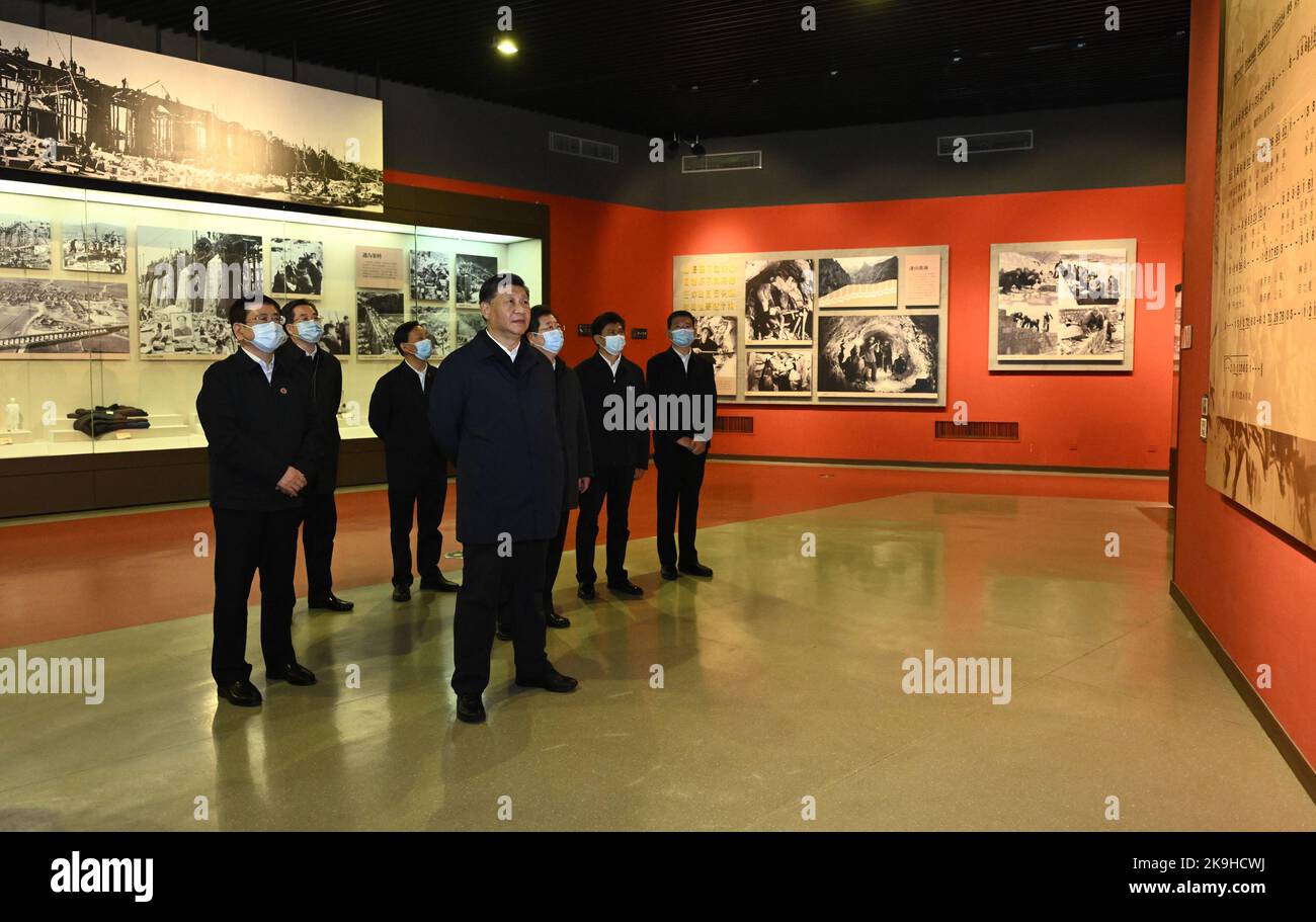 Anyang, China's Henan Province. 28th Oct, 2022. Chinese President Xi Jinping, also general secretary of the Communist Party of China Central Committee and chairman of the Central Military Commission, visits the memorial hall for Hongqi Canal in Linzhou City, central China's Henan Province, Oct. 28, 2022. Xi made an inspection trip to the city of Yan'an in northwest China's Shaanxi Province and the city of Anyang in central China's Henan Province, from Wednesday to Friday. Credit: Yan Yan/Xinhua/Alamy Live News Stock Photo