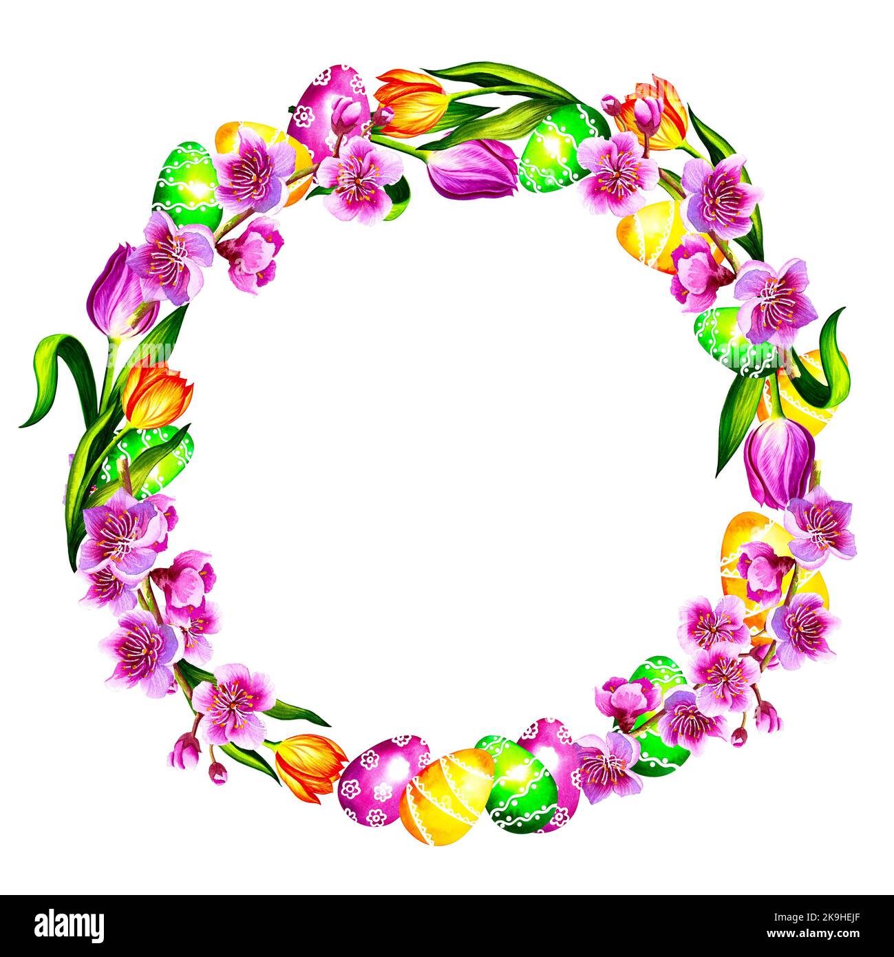Round frame with colorful painted eggs on an Easter flower wreath ...