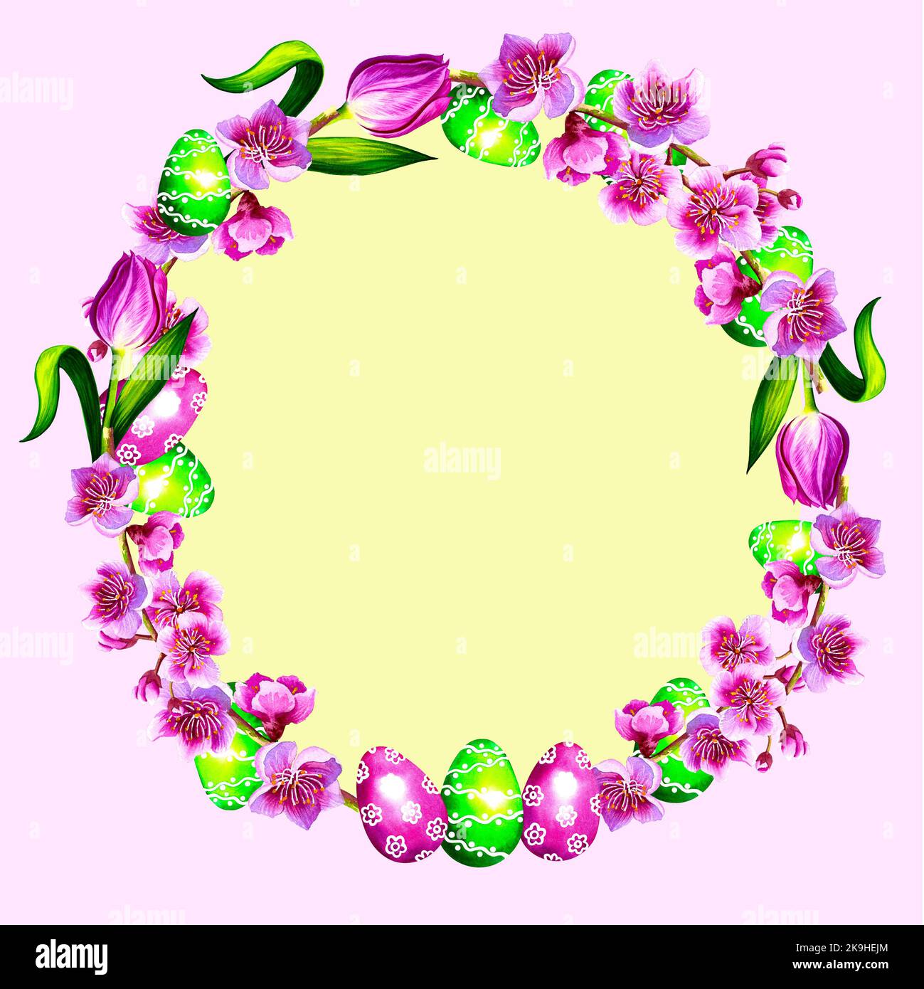 Round frame with colorful painted eggs on an Easter flower wreath ...