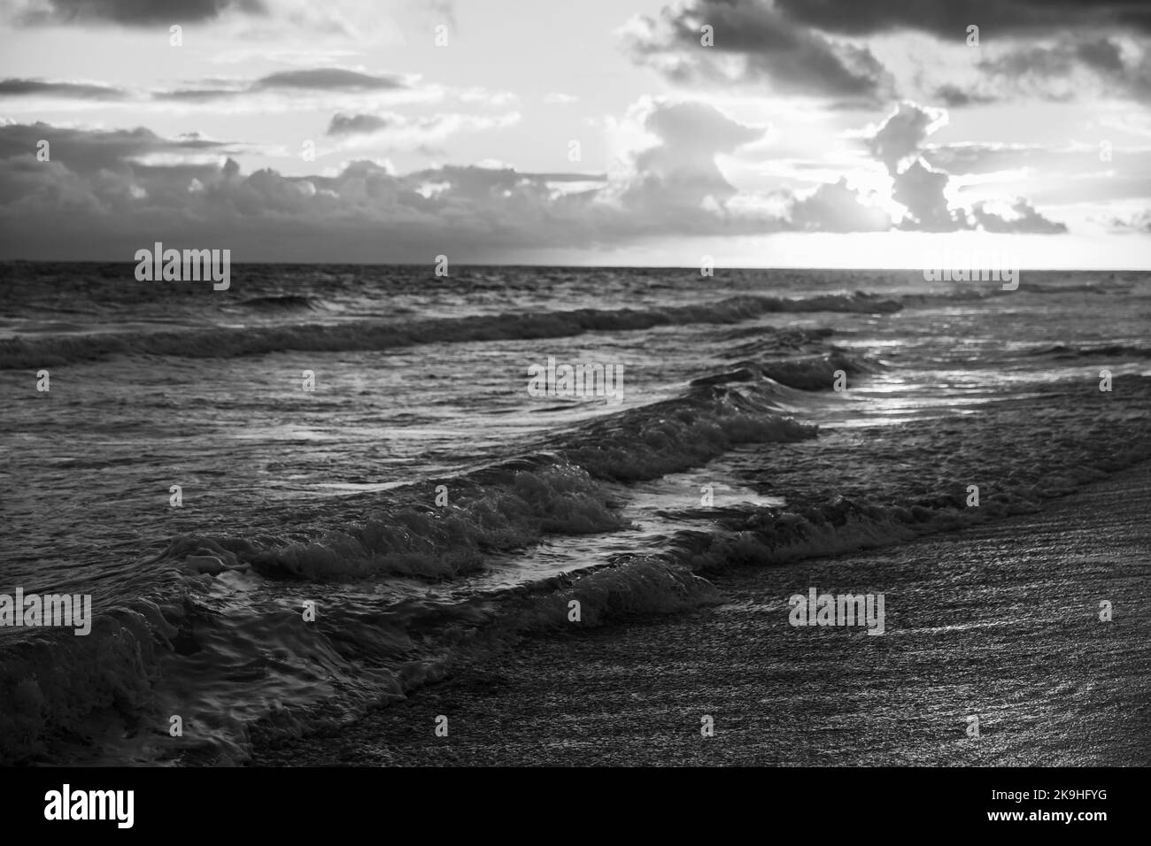 Atlantic ocean coast landscape with shore waves. Dominican republic, Bavaro beach, black and white landscape photo Stock Photo