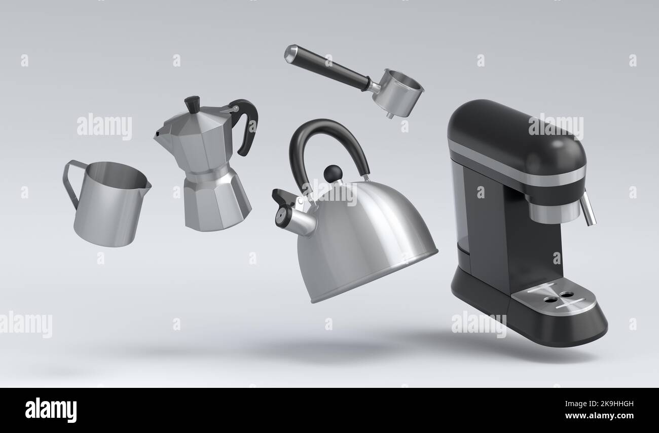 Espresso coffee machine, kettle with horn and geyser coffee maker for