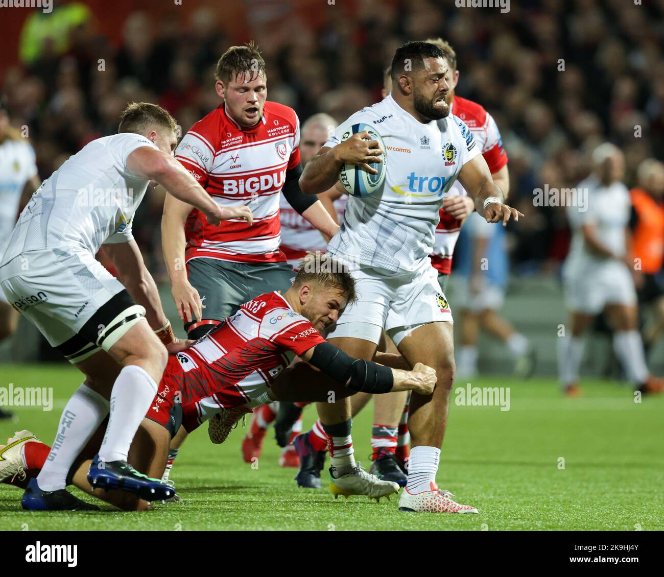 Gloucester, UK. 28th Oct, 2022. Scott Sio, making his debut for Exeter Chiefs, is tackled by Chris Harris of Gloucester Rugby during the Gallagher Premiership match Gloucester Rugby vs Exeter Chiefs at Kingsholm Stadium, Gloucester, United Kingdom, 28th October 2022 (Photo by Nick Browning/News Images) in Gloucester, United Kingdom on 10/28/2022. (Photo by Nick Browning/News Images/Sipa USA) Credit: Sipa USA/Alamy Live News Stock Photo