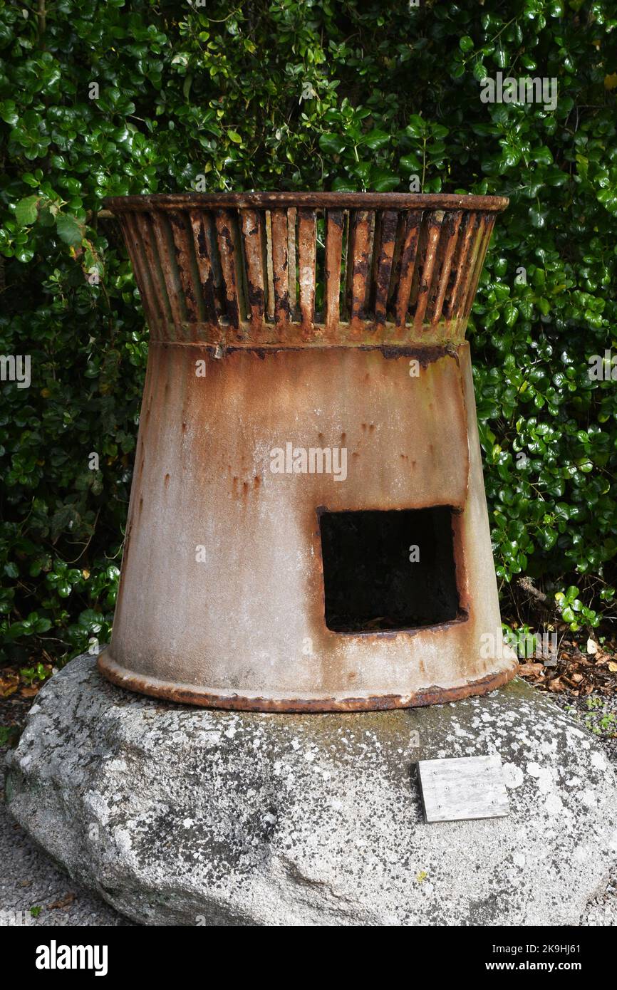 The cresset, brazier, which was the coal burning fire box from the lighthouse on the island of St Agnes in the Isles of Scilly archipelago off the coa Stock Photo