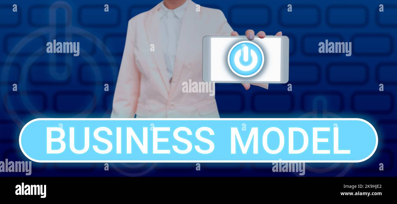 Sign displaying Business Model. Concept meaning Increase in global average temperature Weather transformation Woman Showing Tablet With Power Button Stock Photo