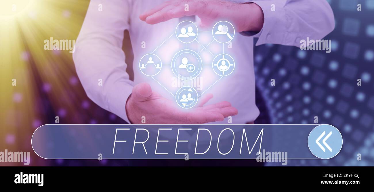 Text showing inspiration Freedom. Word for power or right to act speak or think as one wants without hindrance Man With Digital Human S And Swipe Left Stock Photo