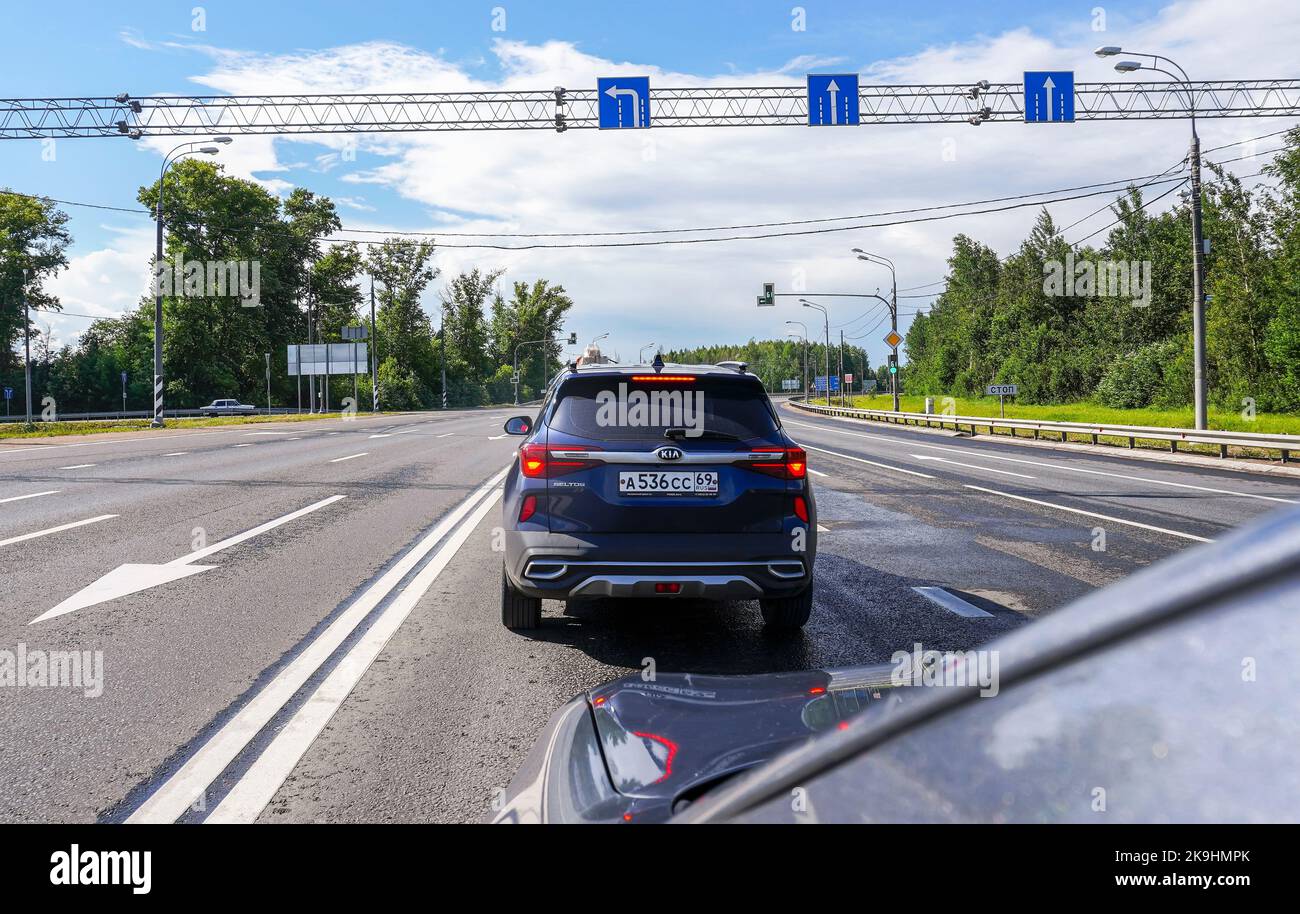 Tver, Russia - July 12, 2022: Russian m10 highway with signs and exits Stock Photo