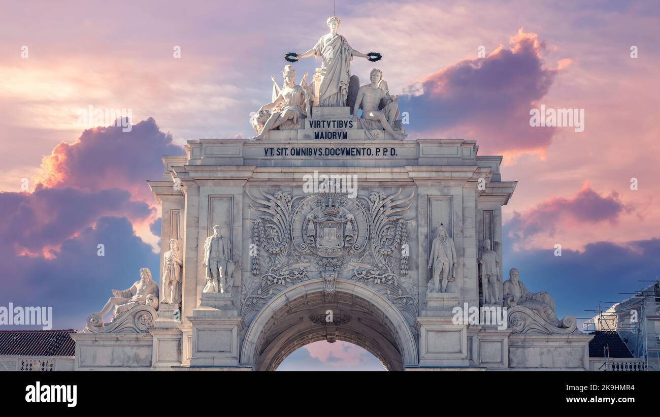 Iconic Arc Building Lisbon, Portugal - April 2018: Close up of Rua Augusta Arch, triumphal ...