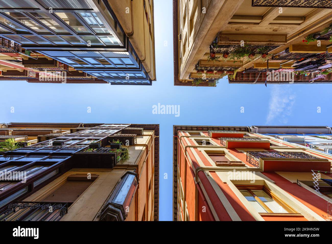 Directly below a cross street in the Bilbao Old Part of the city Stock Photo