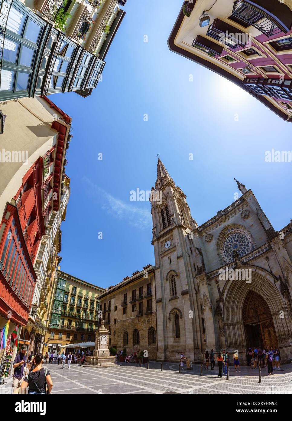 Bilbao, Spain. August 6, 2022. Vertical panorama view of the Bilbao Cathedral Square in the old part Stock Photo