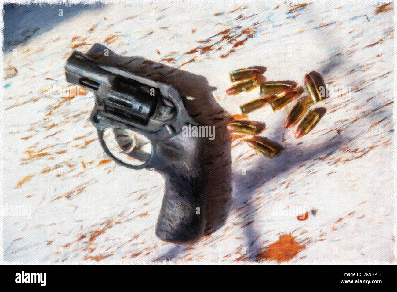 A black, Ruger, 9mm, snub-nosed revolver and a grouping of 9mm bullets. Stock Photo