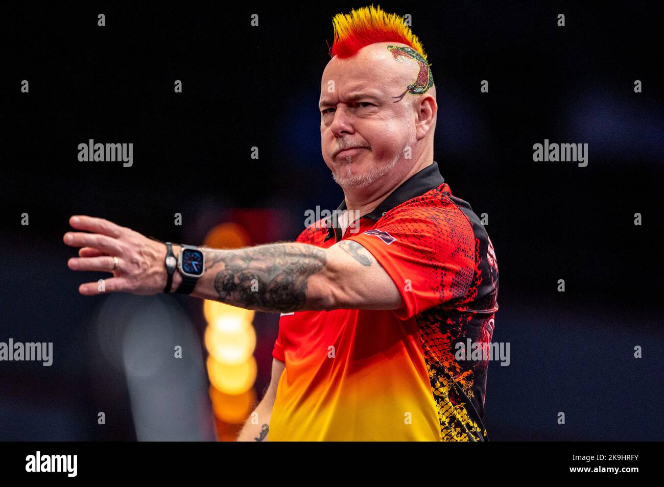 Dortmund, Germany. 28th Oct, 2022. Darts, European Darts Championship, European Darts Championship of the Professional Darts Corporation in the Westfalenhalle: Peter Wright cheers after the win over Ryan Meikle. Credit: David Inderlied/dpa/Alamy Live News Stock Photo