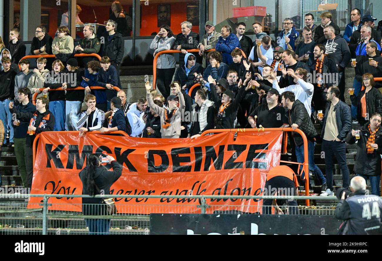 Fans and supporters of Deinze pictured during a soccer game between