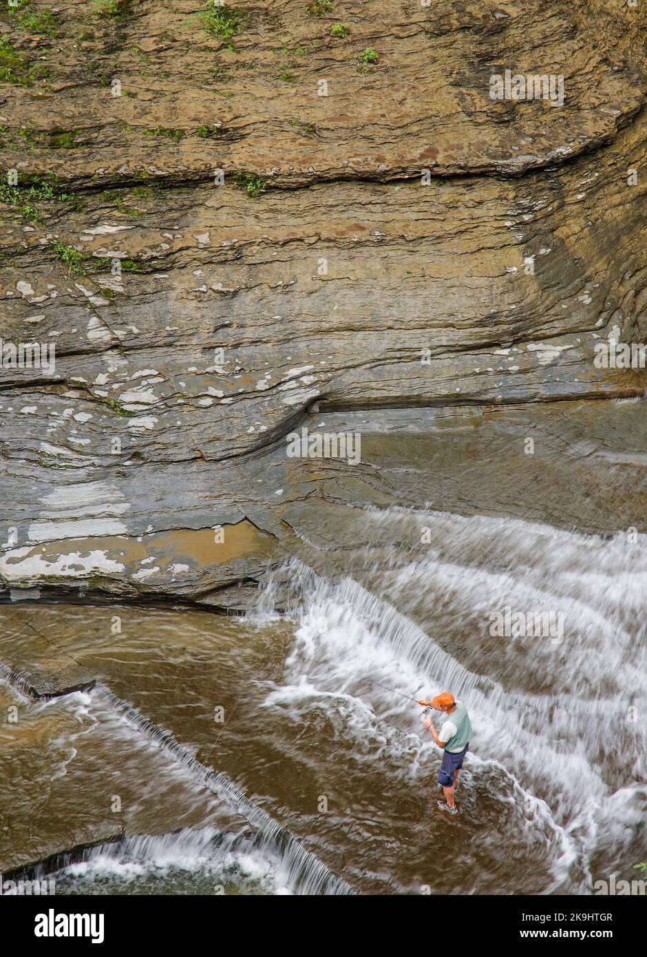 Fly Fisherman in Enfield Creek Gorge, Robert Treman State Park, Tompkins County, New York Stock Photo