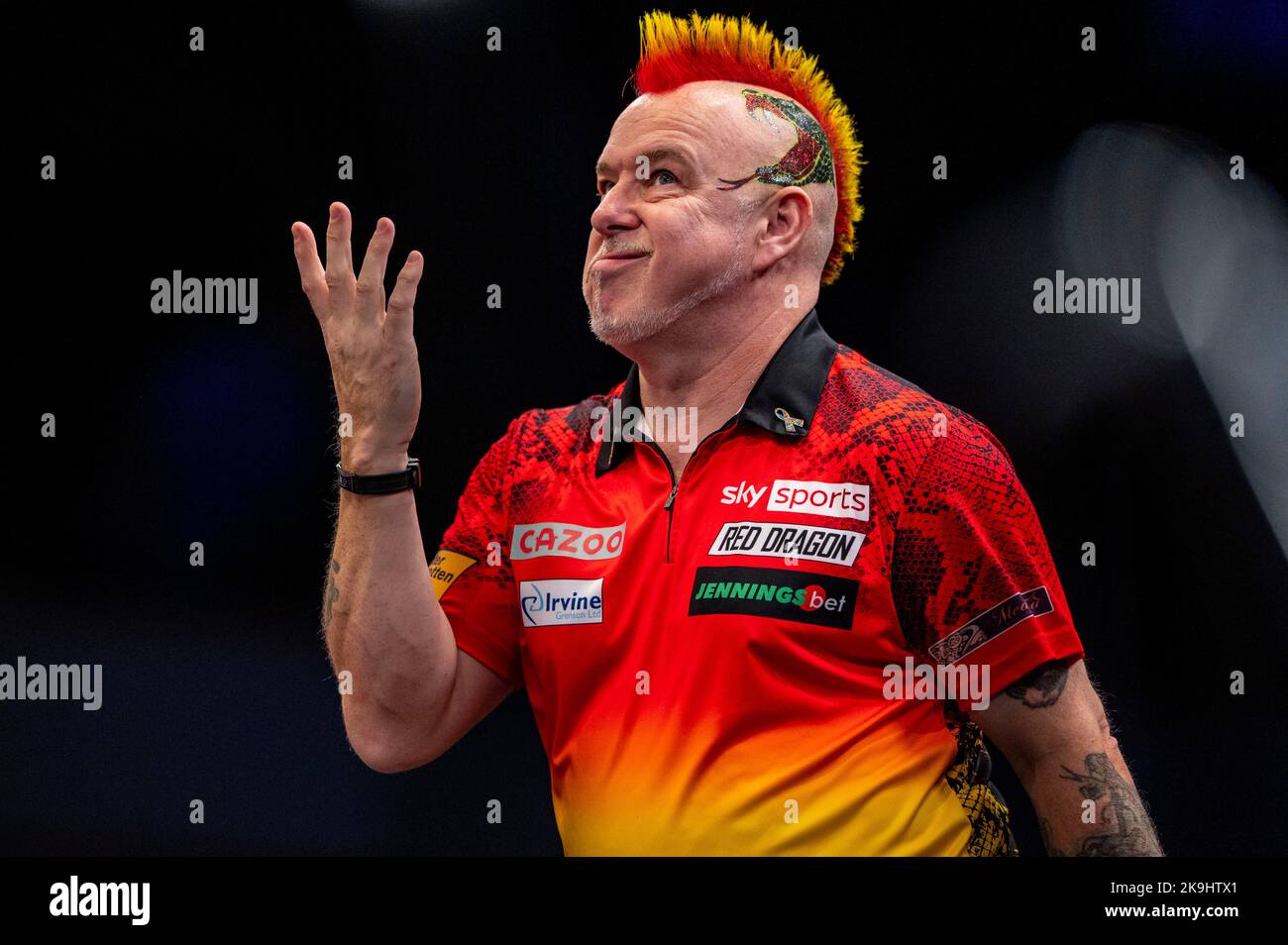 Dortmund, Germany. 28th Oct, 2022. Darts, European Darts Championship, European Darts Championship of the Professional Darts Corporation in the Westfalenhalle: Peter Wright cheers after the win over Ryan Meikle. Credit: David Inderlied/dpa/Alamy Live News Stock Photo