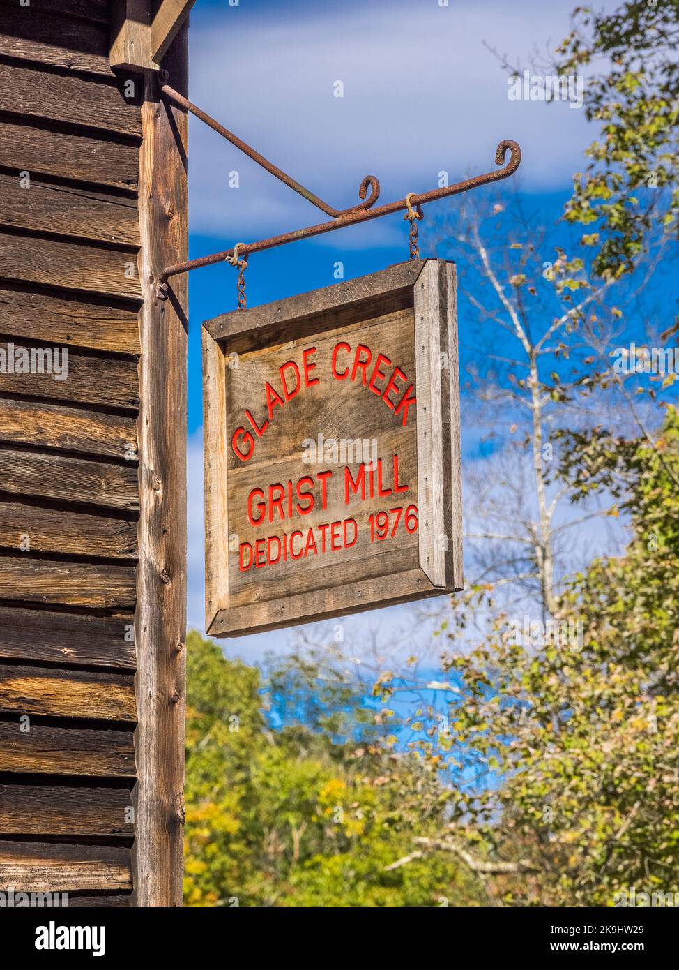 The Glade Creek Grist Mill sign  in Babcock State Park in West Virginia USA Stock Photo