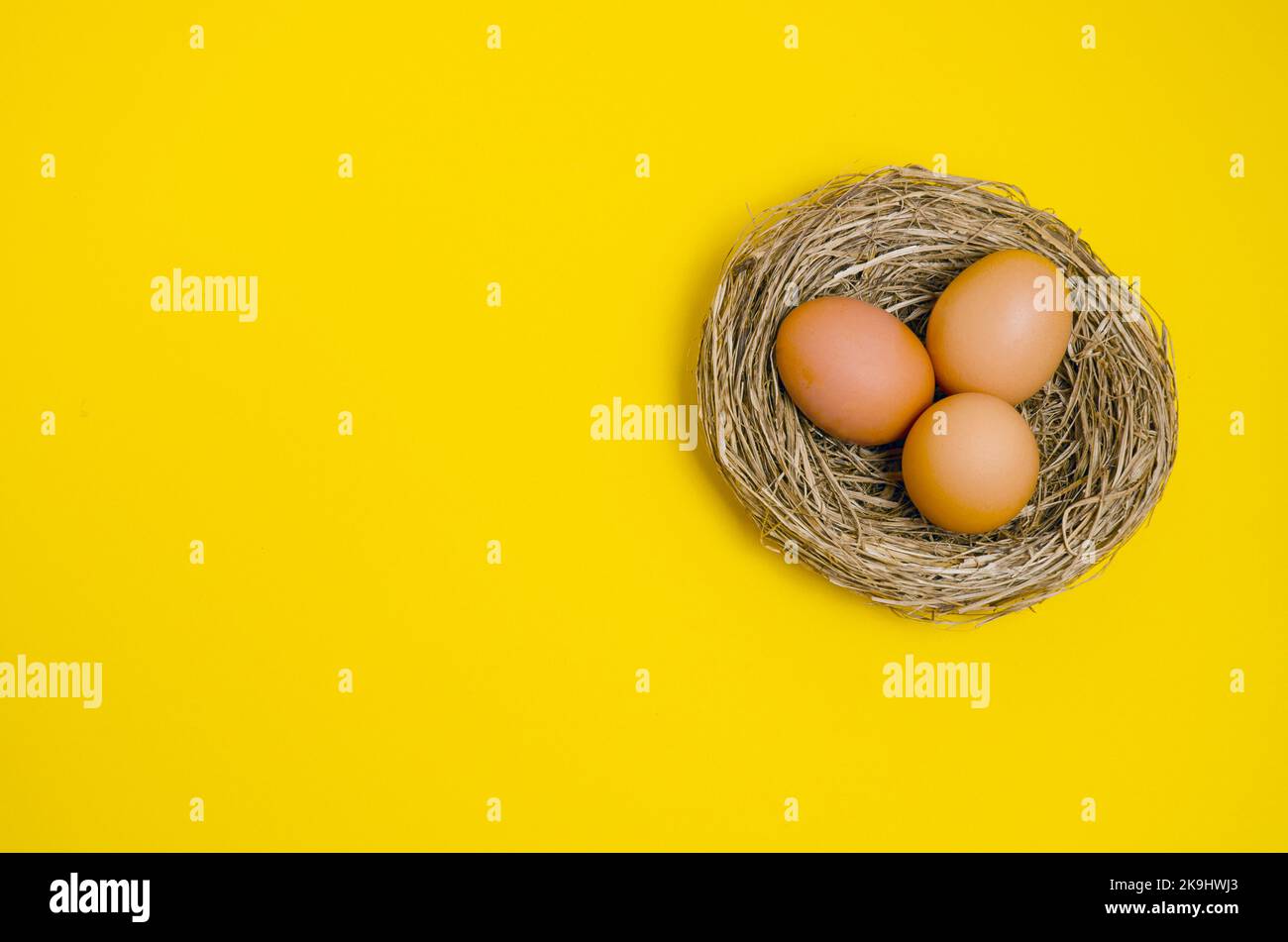 Brown chicken eggs on yellow background in a birds nest. Easter and