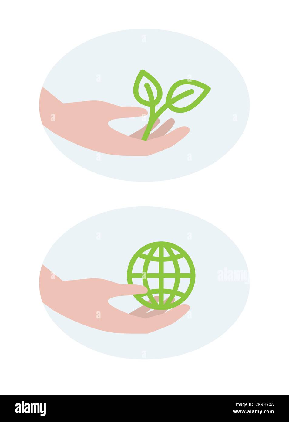 Hands holding leaf and globe icons. Saving earth. Vector illustrations. Stock Vector