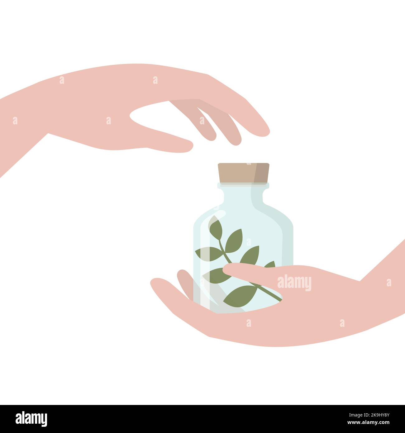 Plant in a jar. Hand holding a bottle of herbal remedies. Concept of alternative medicine, phytotherapy, homeopathy etc. Stock Vector