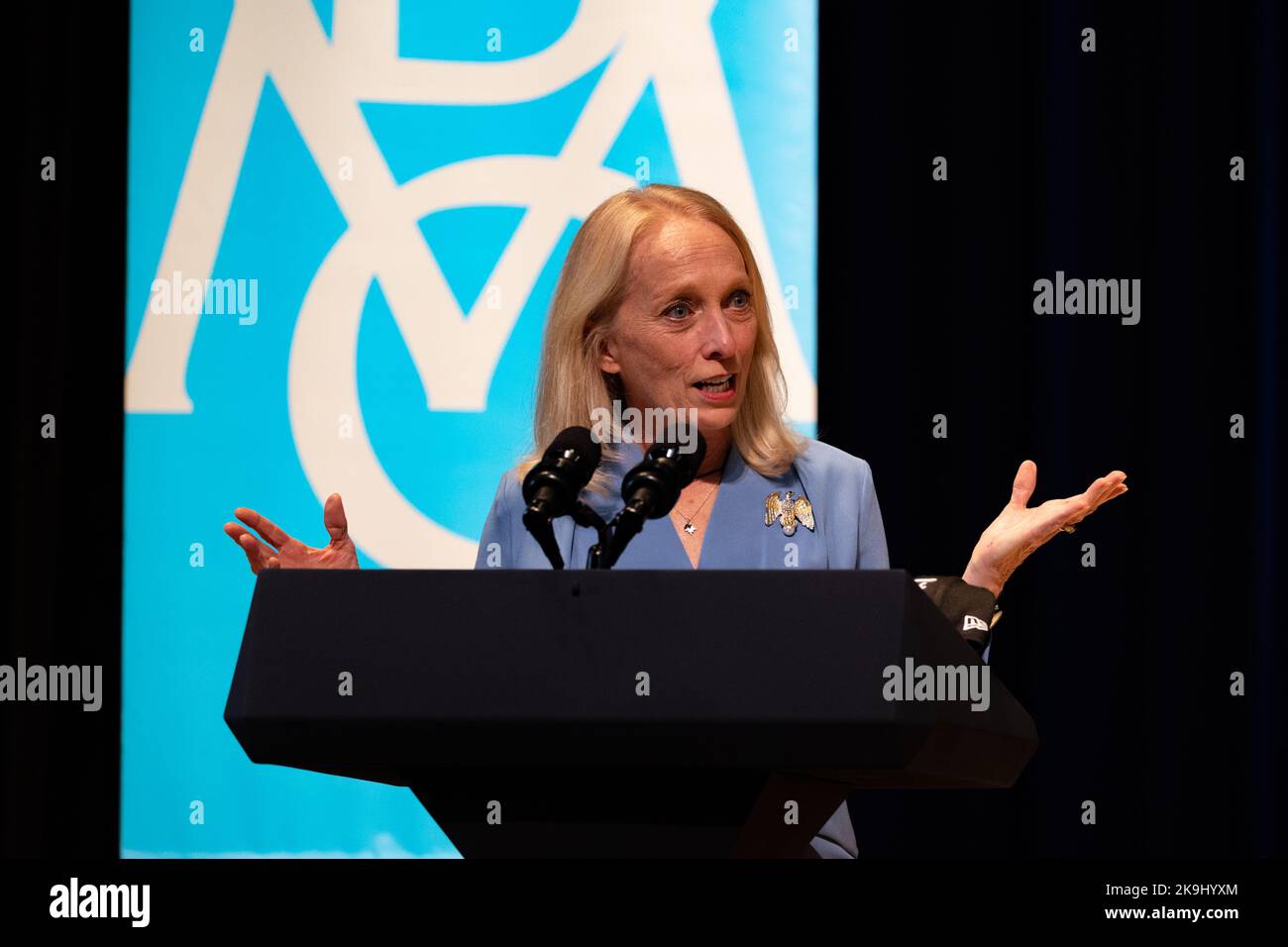 Bryn Mawr, United States. 28th Oct, 2022. Congresswoman Mary Gay Scanlon ( D-PA-05) speaks ahead of a conversation on protecting reproductive rights with US Vice President Kamala Harris and Sophia Bush at Bryn Mawr College in Bryn Mawr, Pennsylvania, US on Friday, Oct 28, 2022. The Biden administration has sought to spotlight efforts to protect abortion access after the Supreme Court struck down Roe v. Wade earlier this year, the landmark ruling that had guaranteed abortion rights for nearly 50 years. (Photo by Hannah Beier/Sipa USA) Credit: Sipa USA/Alamy Live News Stock Photo