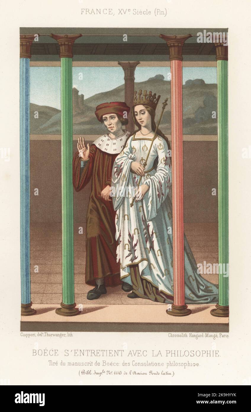Boethius talking with Philosophy, with crown and sceptre, in a colonnade, France, end of 15th century. Taken from a manuscript of Boethius, De Consolatione Philosophiae, MS 6643, Ancien Fonds Latin, Bibliotheque Imperiale. Boece s'entretient avec la Philosophie. Chromolithograph by Thurwanger after an illustration by Claudius Joseph Ciappori from Charles Louandre’s Les Arts Somptuaires, The Sumptuary Arts, Hangard-Mauge, Paris, 1858. Stock Photo