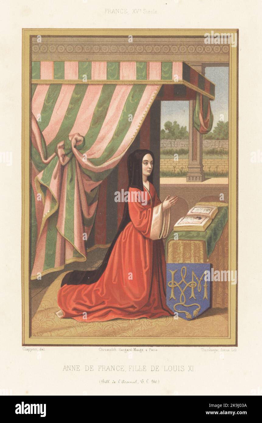 Anne of France, French princess and regent, eldest daughter of King Louis XI, 1461-1522. In hood and velvet robe, kneeling in front of a manuscript Bible under a striped canopy. Anne de France, fille de Louis XI. France XVe siecle. From a manuscript prayerbook MS TL 260, Bibliotheque de l'Arsenal. Chromolithograph by the Thurwanger brothers after an illustration by Claudius Joseph Ciappori from Charles Louandre’s Les Arts Somptuaires, The Sumptuary Arts, Hangard-Mauge, Paris, 1858. Stock Photo