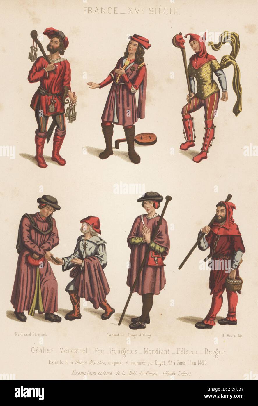 French costumes, 15th century. Gaoler, minstrel, fool, bourgeois, beggar, pilgrim and shepherd. Geolier, menestrel, fou, bourgeois, mendiant, pelerin, berger. XVe siecle. Taken from La Danse Macabre, composed and printed by Guyot, Paris, 1490. Chromolithograph by H. Moulin after an illustration by Ferdinand Sere from Charles Louandre’s Les Arts Somptuaires, The Sumptuary Arts, Hangard-Mauge, Paris, 1858. Stock Photo