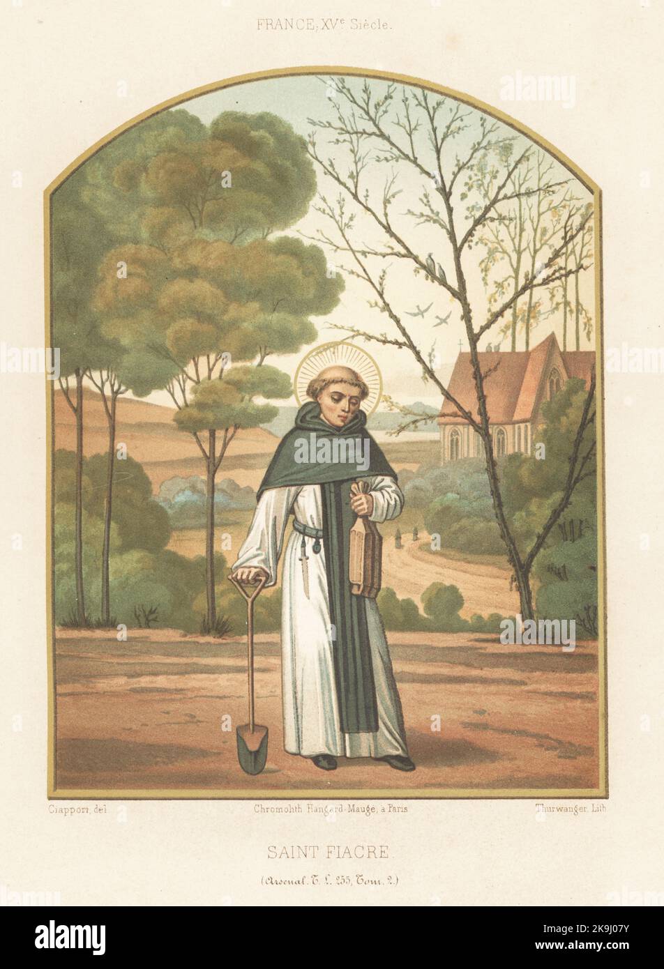 Saint Fiacre of Breuil with spade and bag of seeds. Catholic priest, abbot, hermit and gardener, c. 600-670. Taken from a 15th century Book of Hours, livre d'heures, MS Tl 255, Tom. 2, Bibliotheque de l'Arsenal. Chromolithograph by Thurwanger after an illustration by Claudius Joseph Ciappori from Charles Louandre’s Les Arts Somptuaires, The Sumptuary Arts, Hangard-Mauge, Paris, 1858. Stock Photo