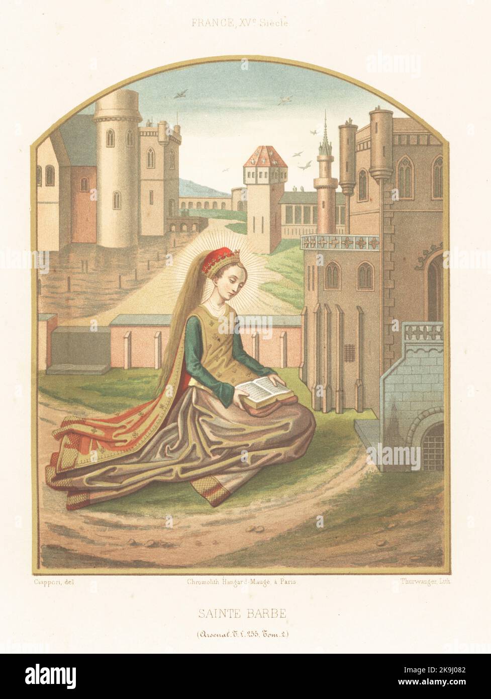 Saint Barbara, virgin martyr, patron saint of explosives, 3rd century. In crown and velvet gown, reading a Bible near a town with a round tower with three windows. In 15th century French costume. Saint Barbe, XVe siecle. Taken from a Book of Hours, livre d'heures, MS Tl 255, Tom. 2, Bibliotheque de l'Arsenal. Chromolithograph by Thurwanger after an illustration by Claudius Joseph Ciappori from Charles Louandre’s Les Arts Somptuaires, The Sumptuary Arts, Hangard-Mauge, Paris, 1858. Stock Photo