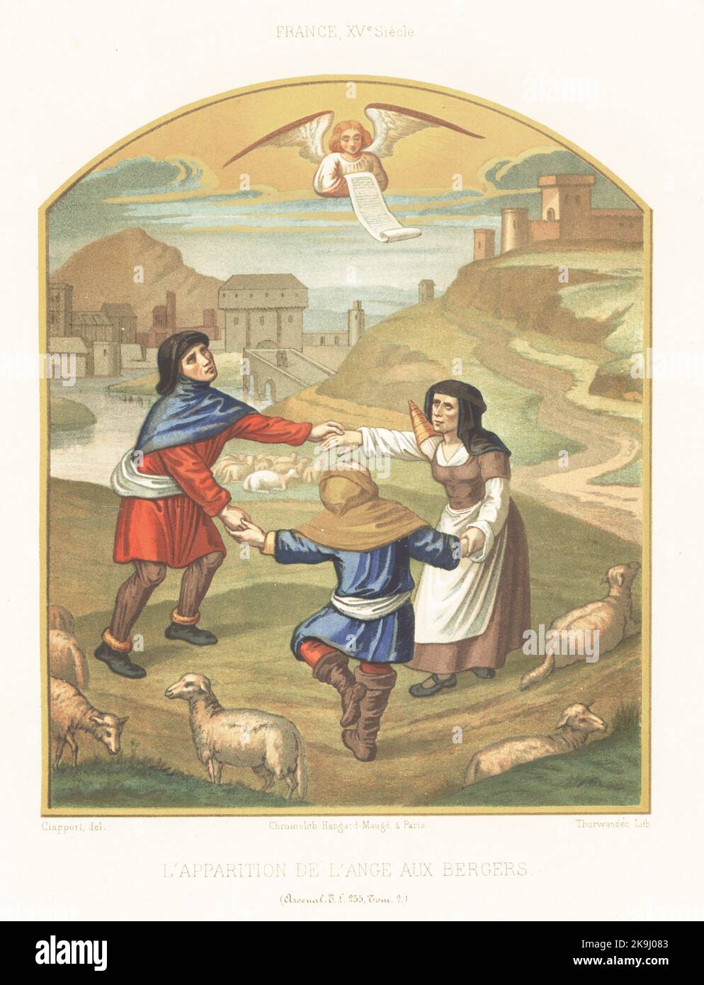 The apparation of the angel to shepherds dancing in a field. In the costume of Flemish rustics, 15th century. L'apparation de l'ange aux bergers. XVe siecle. Taken from a Book of Hours, livre d'heures, MS Tl 255, Tom. 2, Bibliotheque de l'Arsenal. Chromolithograph by Thurwanger after an illustration by Claudius Joseph Ciappori from Charles Louandre’s Les Arts Somptuaires, The Sumptuary Arts, Hangard-Mauge, Paris, 1858. Stock Photo