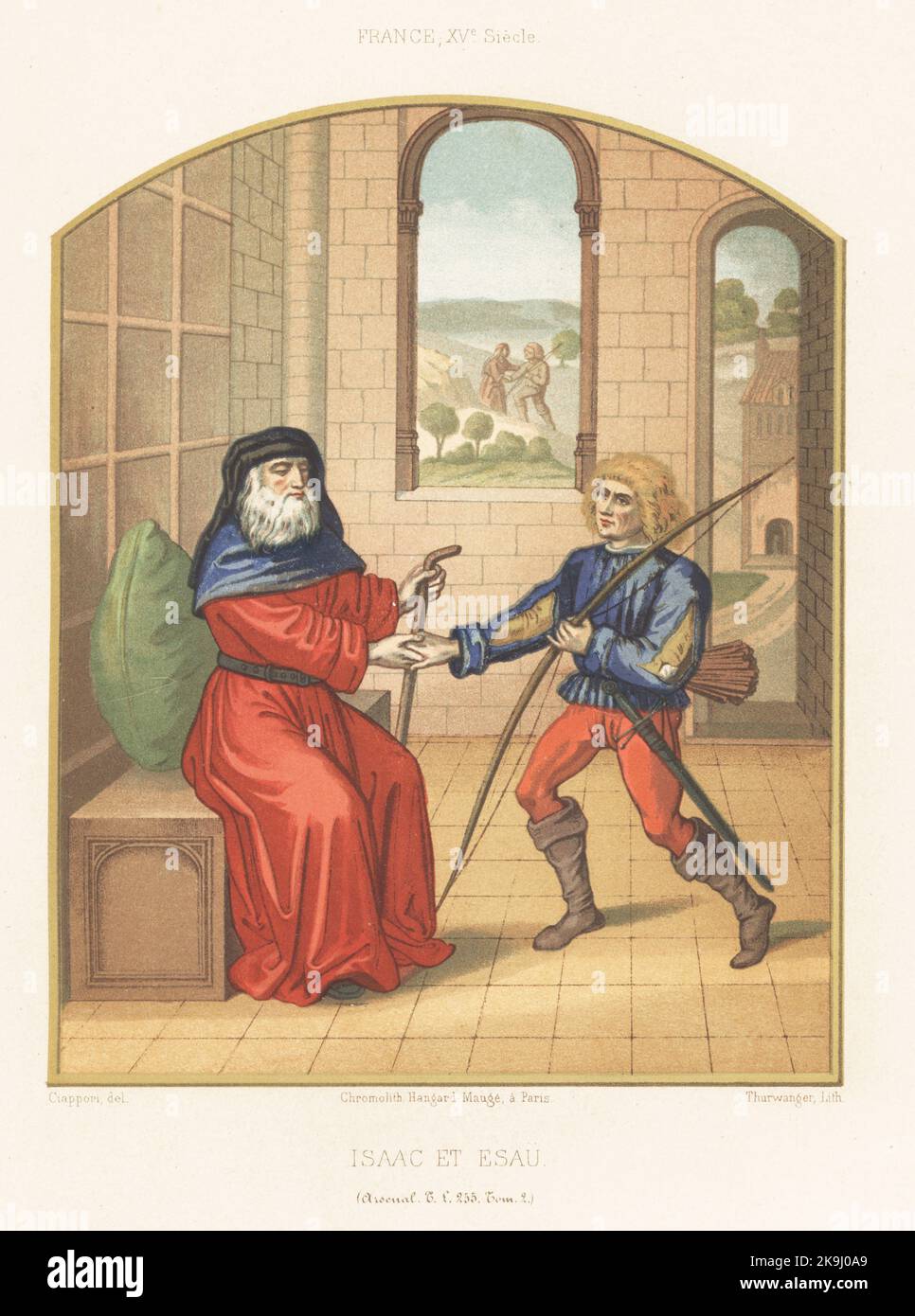 Isaac and his son Esau in 15th century French costume. Esau dressed as a hunter, in doublet, hose and boots with bow, quiver and sword. Isaac et Esau. XVe siecle. Taken from a Book of Hours, livre d'heures, MS Tl 255, Tom. 2, Bibliotheque de l'Arsenal. Chromolithograph by Thurwanger after an illustration by Claudius Joseph Ciappori from Charles Louandre’s Les Arts Somptuaires, The Sumptuary Arts, Hangard-Mauge, Paris, 1858. Stock Photo