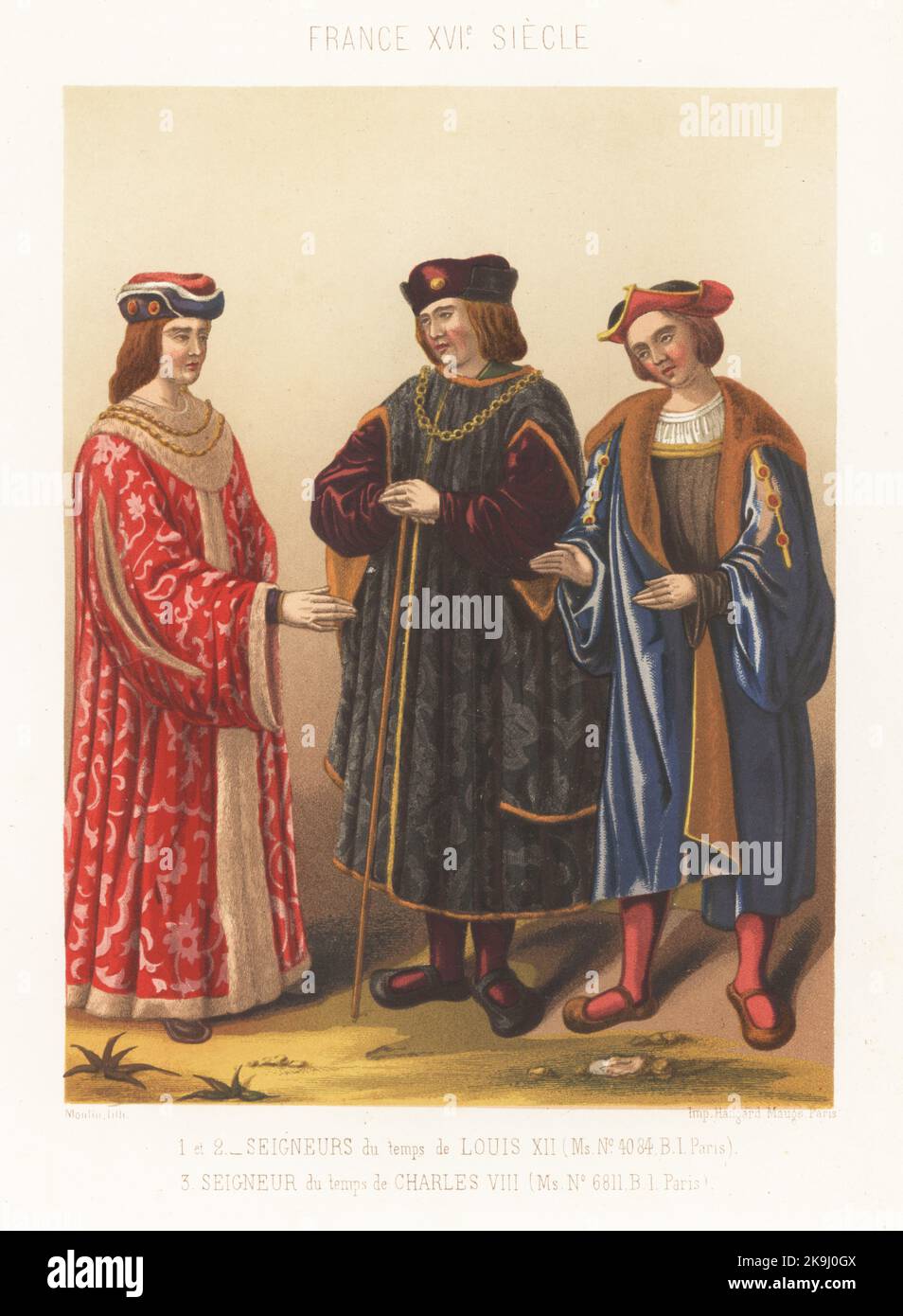 Costume of aristocrats in the era of Louis XII 1,2, and Charles VIII 3. They wear long fur-lined coats and flat caps. Seigneurs du temps de Louis XII, et du temps de Charles VIII. Taken from MS 4984 and MS 6811, Bibliotheque Imperiale de Paris. Chromolithograph by Moulin from Charles Louandre’s Les Arts Somptuaires, The Sumptuary Arts, Hangard-Mauge, Paris, 1858. Stock Photo