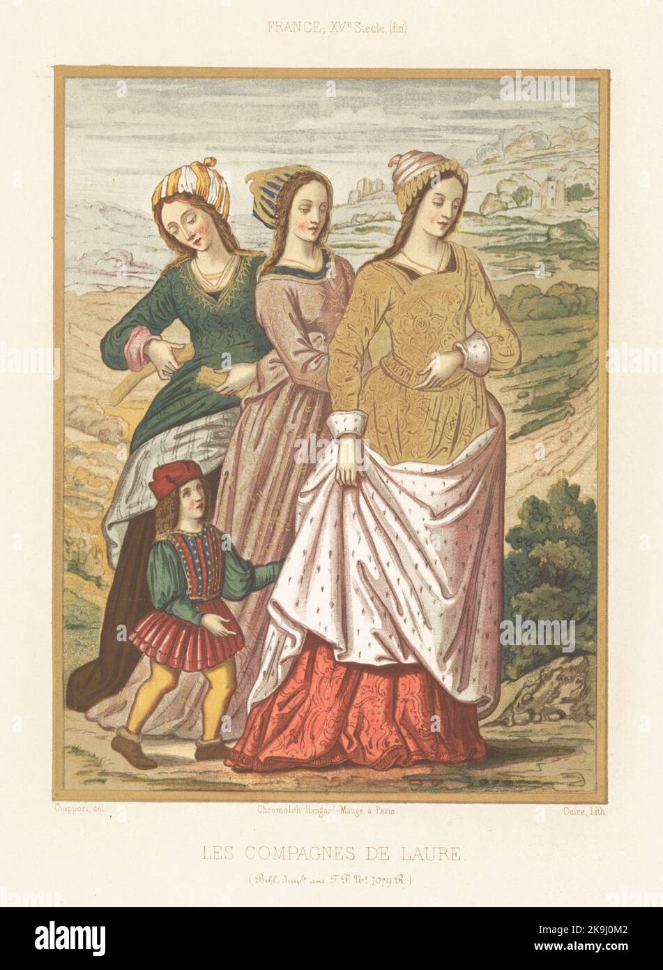 The companions of Laura. Three chaste women and a boy in French costumes of the late 15th century. Les compagnes de Laure, France, XVe siecle (fin). Taken from an illustrated manuscript of Petrarch's Triumphs, Les Triomphes, anc. F.F. MS 7079 R (Folio 102r, Francais 594), 1500, Bibliotheque Imperiale. Chromolithograph by Giare after an illustration by Claudius Joseph Ciappori from Charles Louandre’s Les Arts Somptuaires, The Sumptuary Arts, Hangard-Mauge, Paris, 1858. Stock Photo