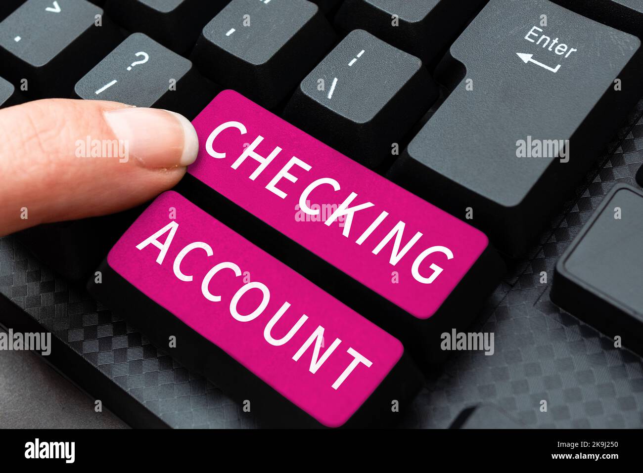 Text sign showing Checking Account. Business approach A disease or condition that lasts for longer time Computer Keyboard And Symbol.Information Stock Photo