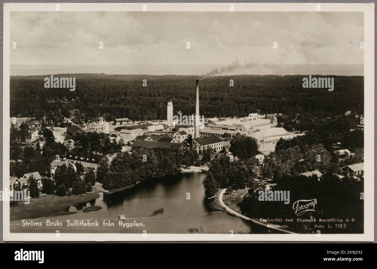 Air photo over Strömsbruks Sulfit factory. Stock Photo