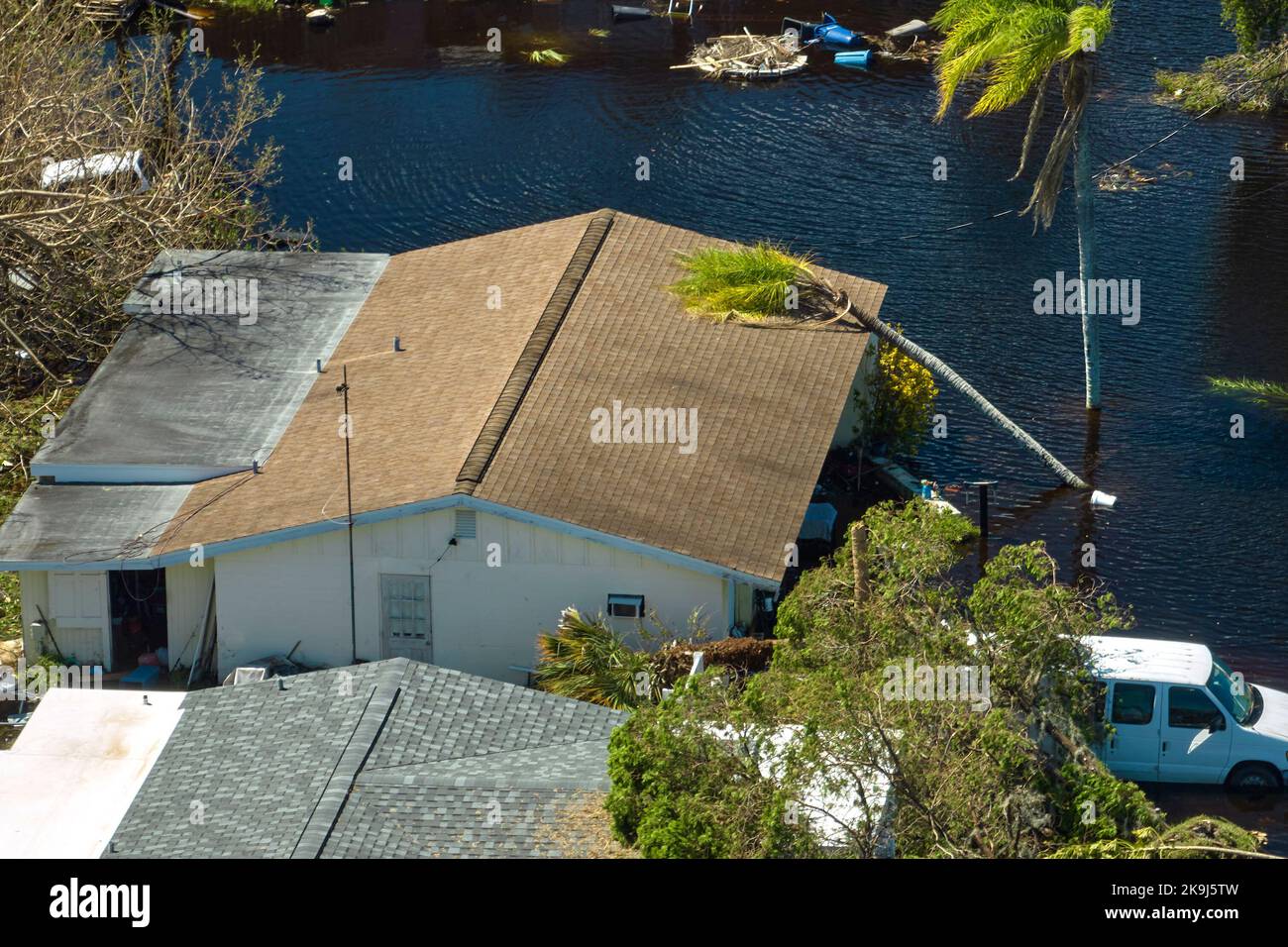 Flooded houses by hurricane Ian rainfall in Florida residential area