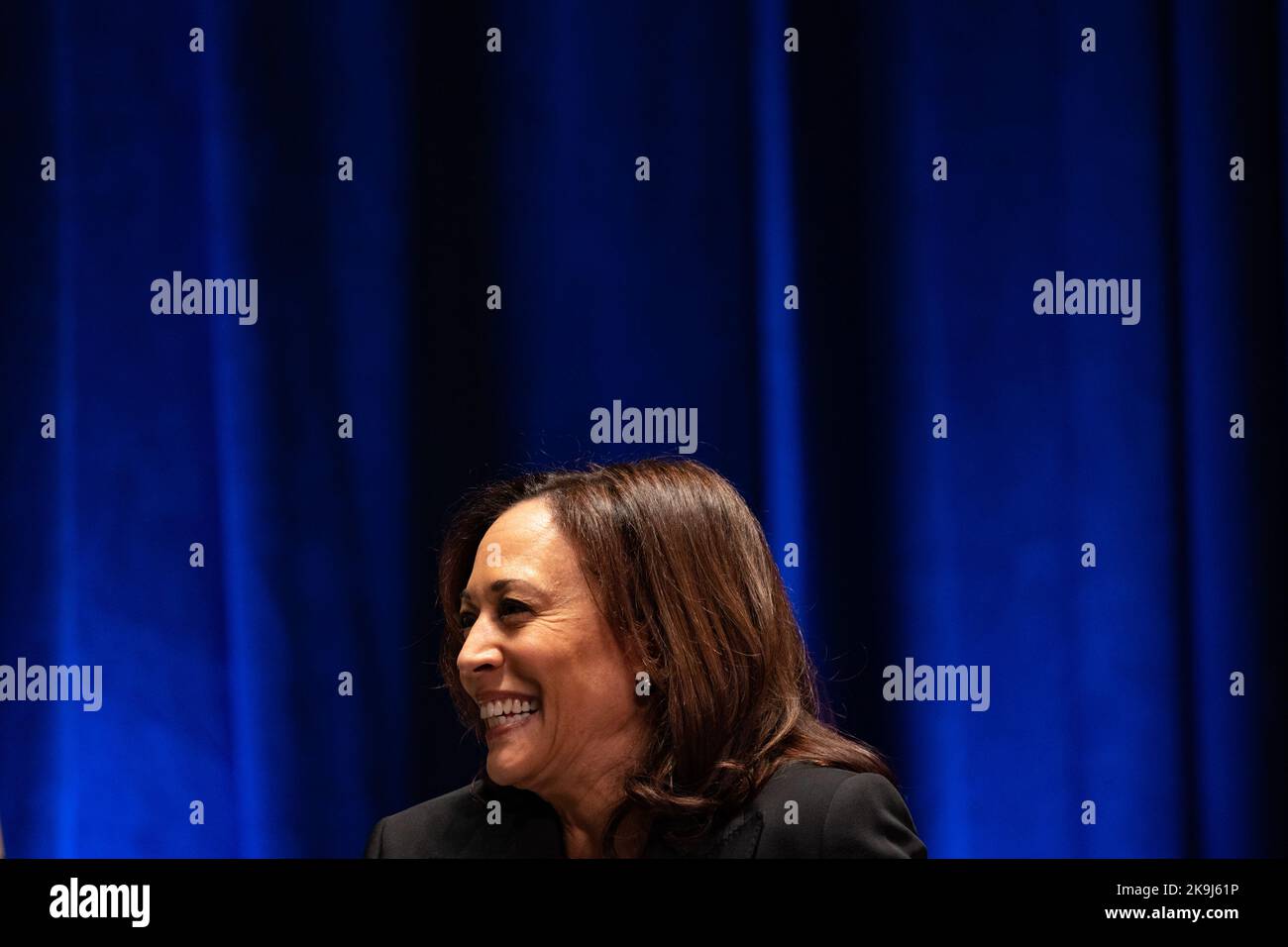 Bryn Mawr, United States. 28th Oct, 2022. US Vice President Kamala Harris laughs during a conversation on protecting reproductive rights with Congresswoman Mary Gay Scanlon ( D-PA-05) and Sophia Bush at Bryn Mawr College in Bryn Mawr, Pennsylvania, US on Friday, Oct 28, 2022. The Biden administration has sought to spotlight efforts to protect abortion access after the Supreme Court struck down Roe v. Wade earlier this year, the landmark ruling that had guaranteed abortion rights for nearly 50 years. (Photo by Hannah Beier/Sipa USA) Credit: Sipa USA/Alamy Live News Stock Photo