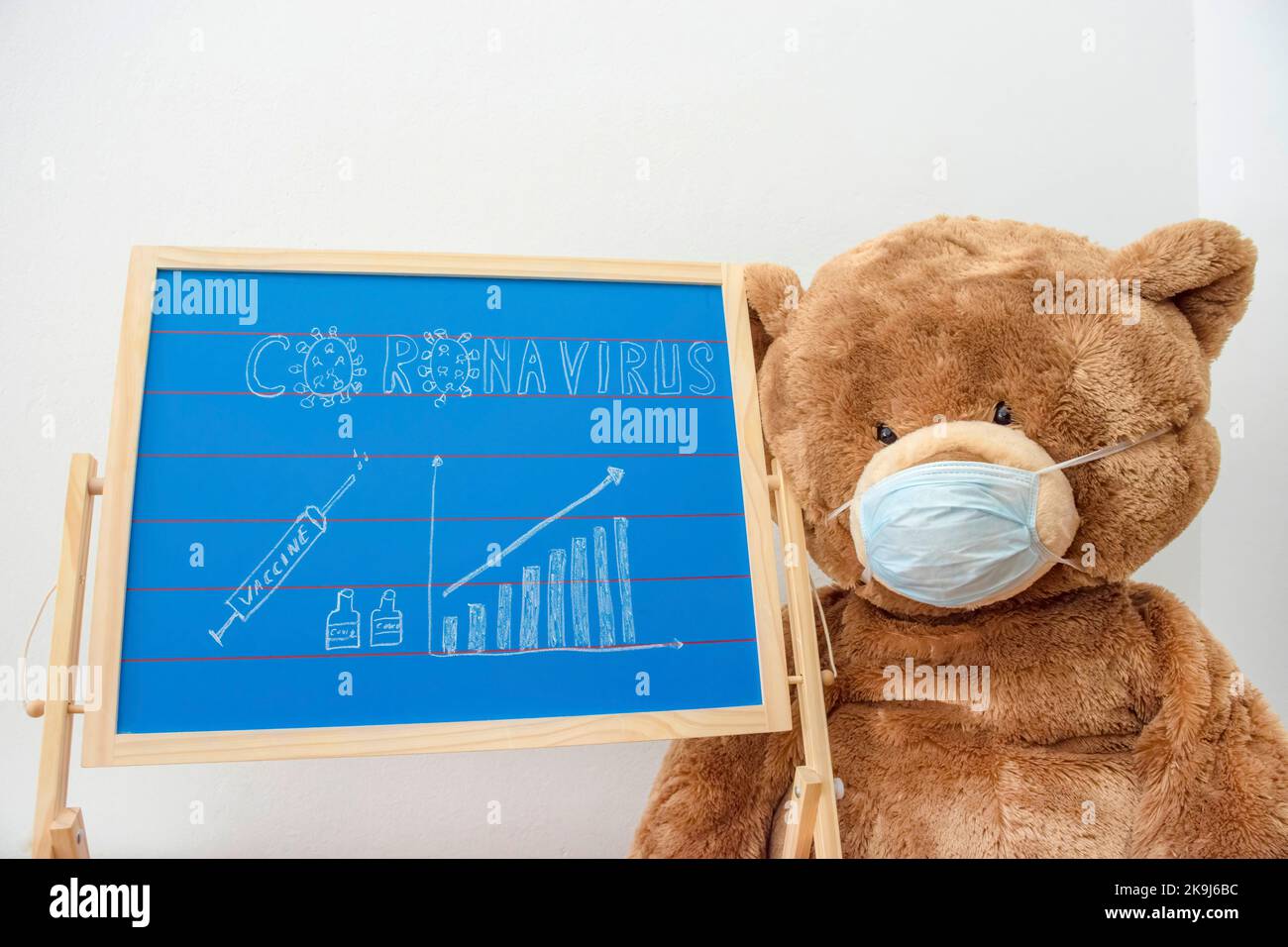 A child playroom or kindergarten with a giant teddy bear wearing medical mask and the growing graph of COVID-2019 cases drawn with chalk on a blackboa Stock Photo