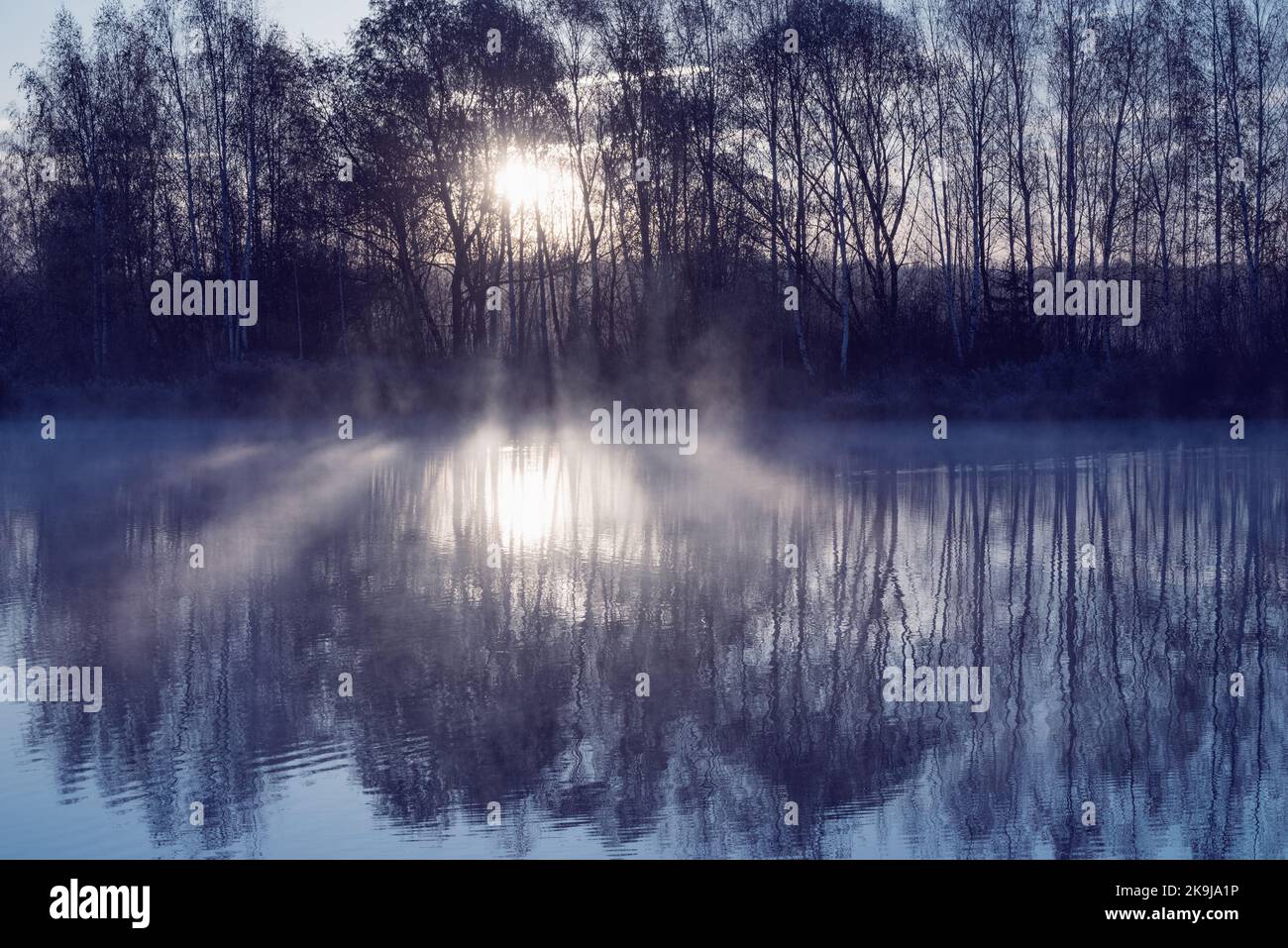 Fog above the lake at cold autumn morning Stock Photo - Alamy