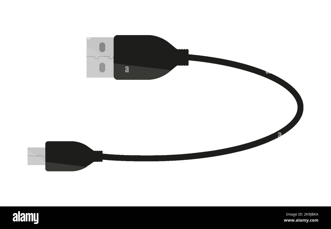 Usb cable type c lightning cord mini black flat. Portable charging smartphone connection tablet computer data transfer universal charge power supply electric mobile flexible plastic rubber isolated Stock Vector