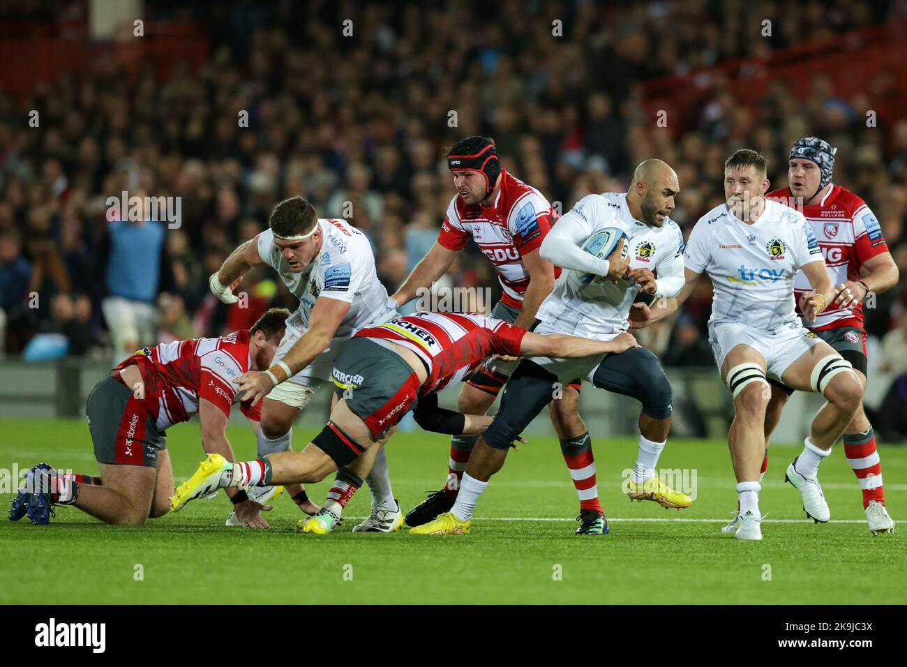 Olly Woodburn of Exeter Chiefs is tackled by Freddie Clarke of Gloucester Rugby during the Gallagher Premiership match Gloucester Rugby vs Exeter Chiefs at Kingsholm Stadium , Gloucester, United Kingdom, 28th October