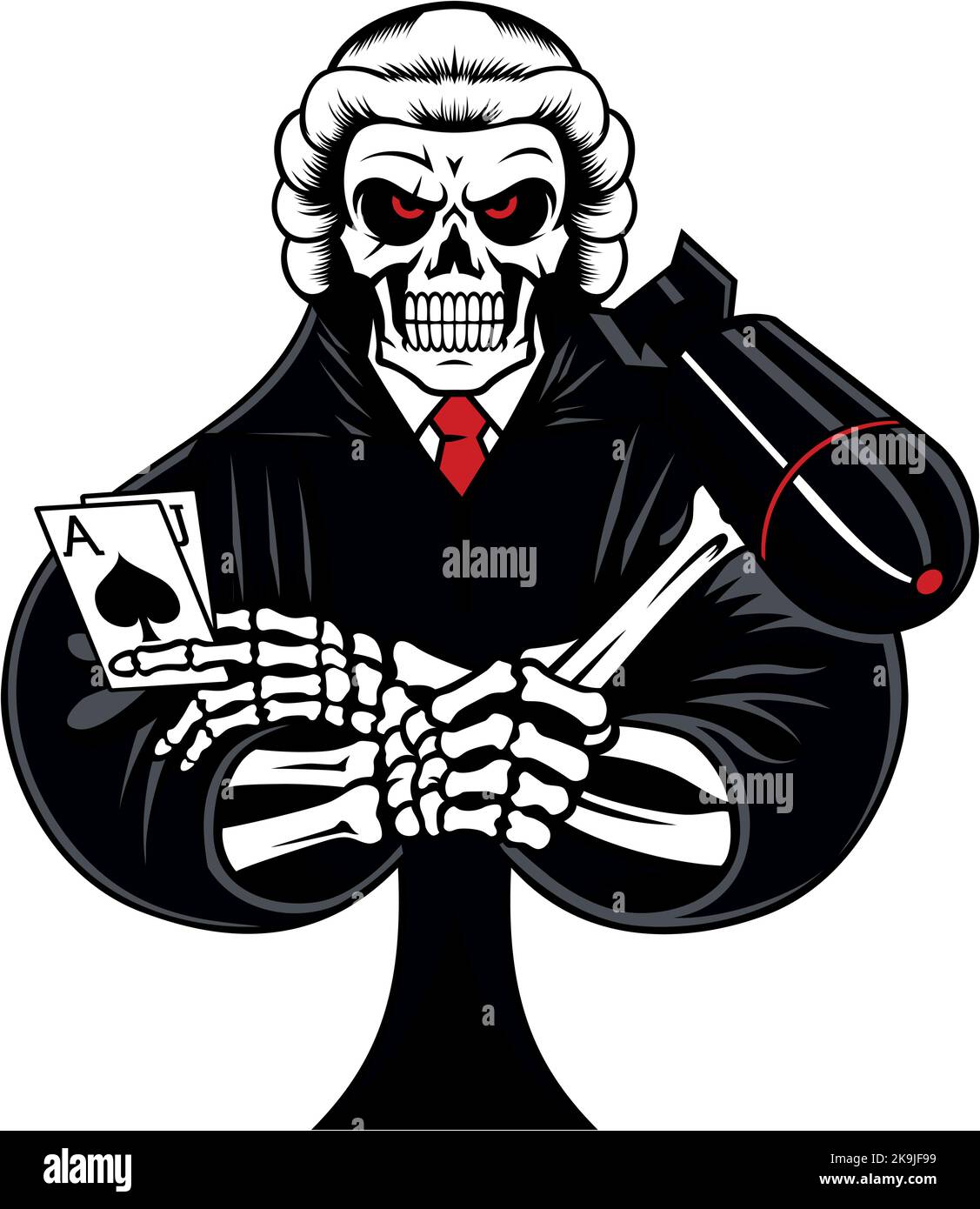 Skeleton wearing a Judge's Costume, holding a Bomb in one hand and a Black Jack cards in the other Stock Vector