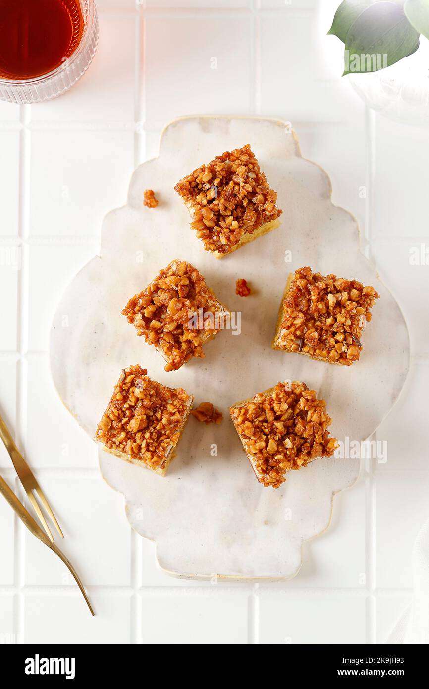 Caramel Nougat Peanut Cake, Top View. Served with Tea Stock Photo Alamy