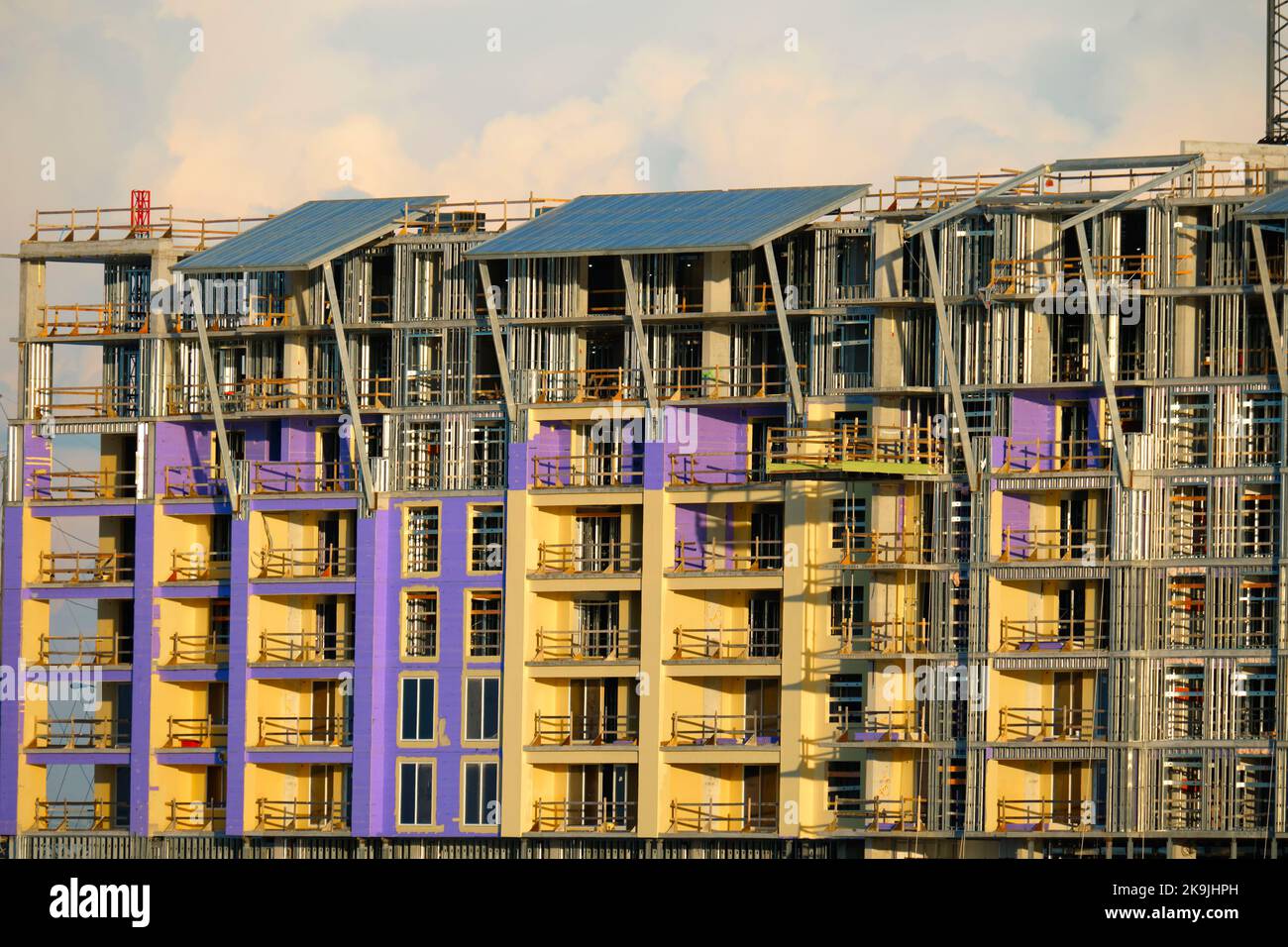 Tower lifting cranes at high residential apartment buildings ...